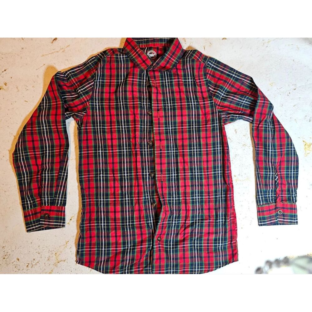 Wonder Nation Boys Red Green Plaid Long Sleeve Button Front Shirt Size 12 EUC